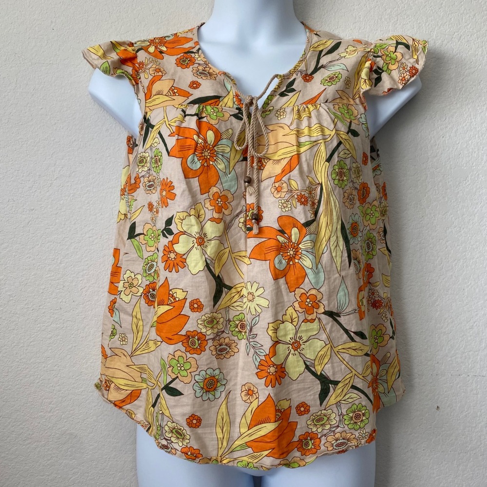 Hester & Orchard Linen Blend Floral Blouse Boho Cottagecore Top Size L Resort